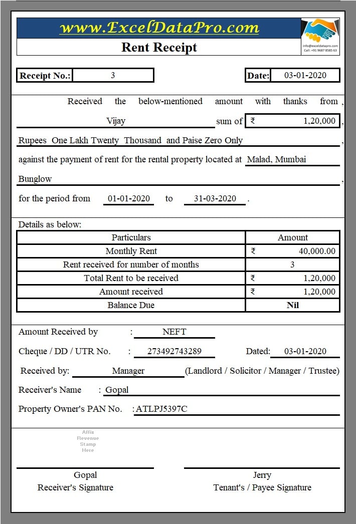 printable rent receipt for income tax purpose