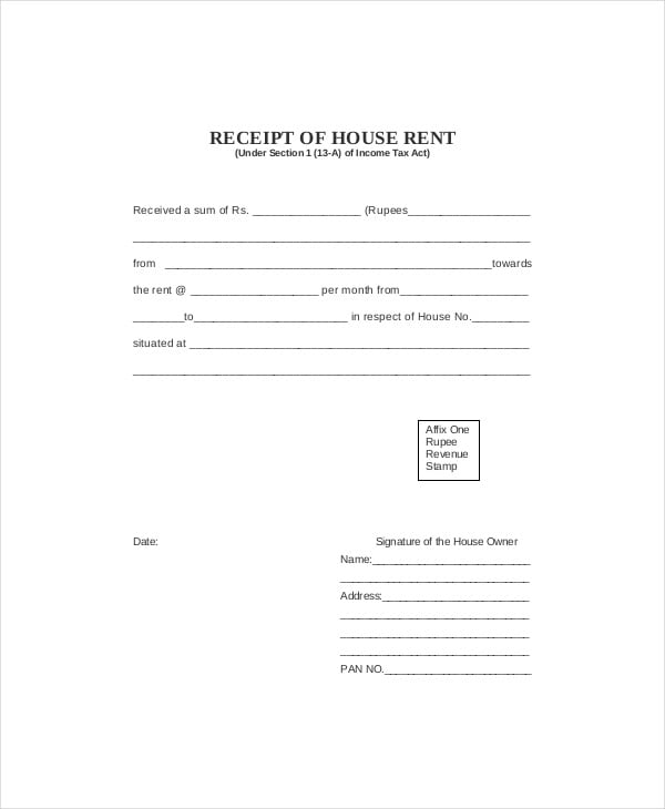 printable rent receipt format india
