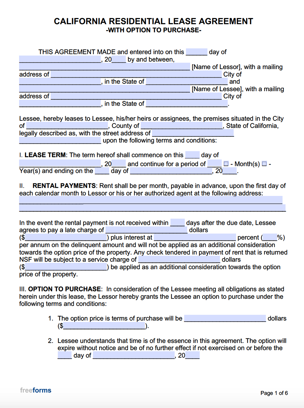 printable rental agreement california