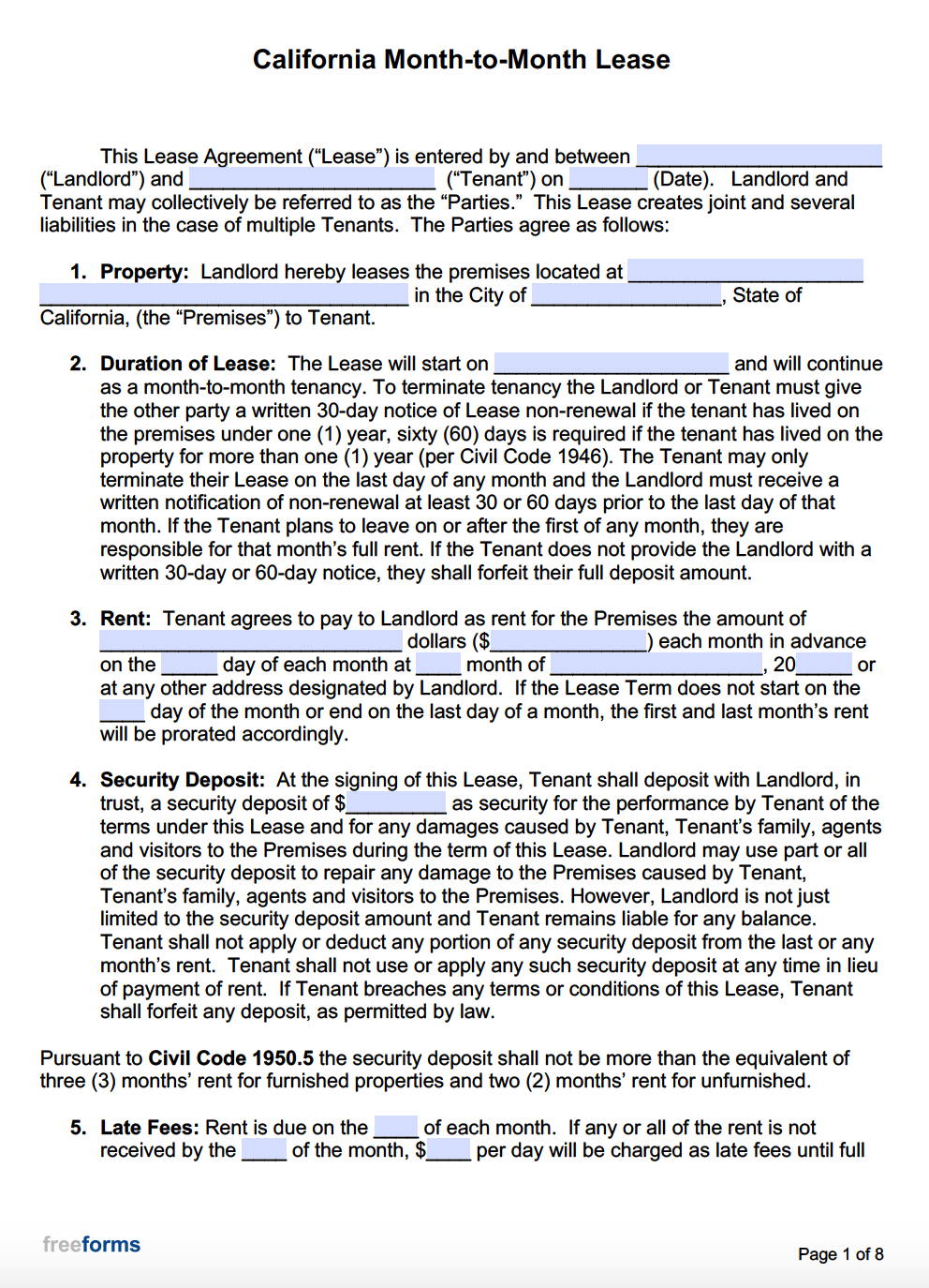 Free California Month-to-Month Lease Agreement | PDF | WORD