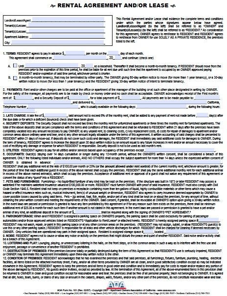 printable rental agreement california