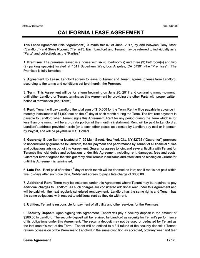 printable rental agreement california