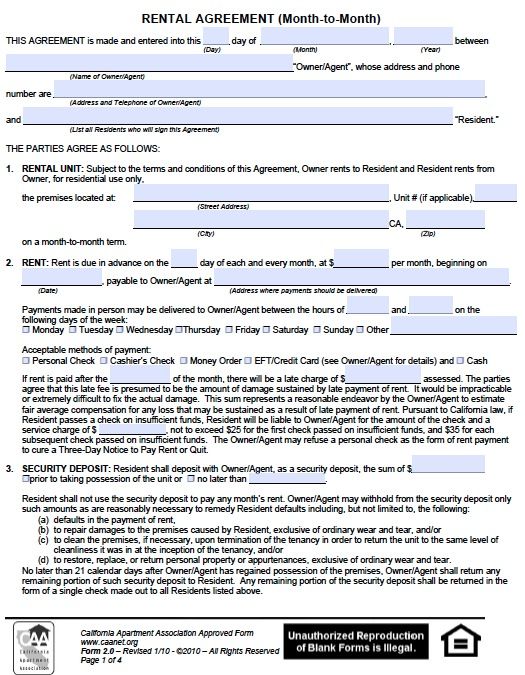printable rental agreement california