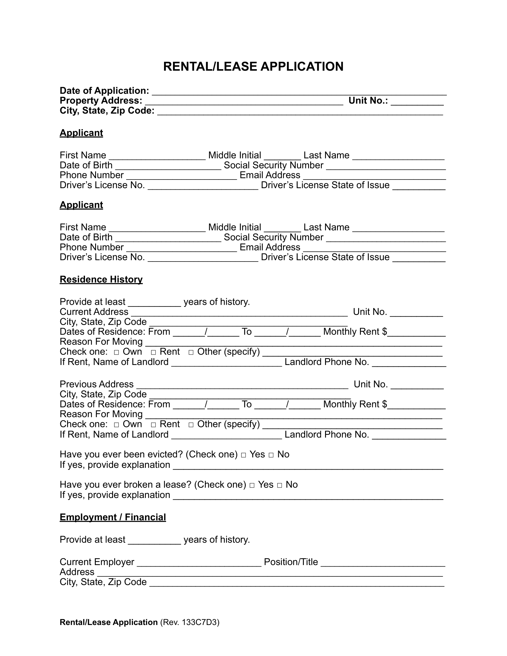 Free Rental Application Form | PDF &  Word