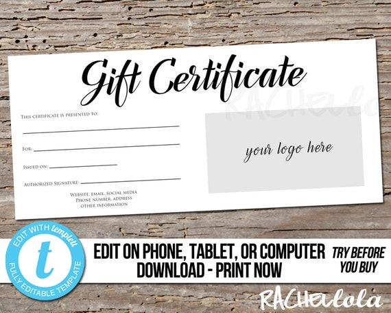Editable Custom Printable Gift Certificate Template Logo ...