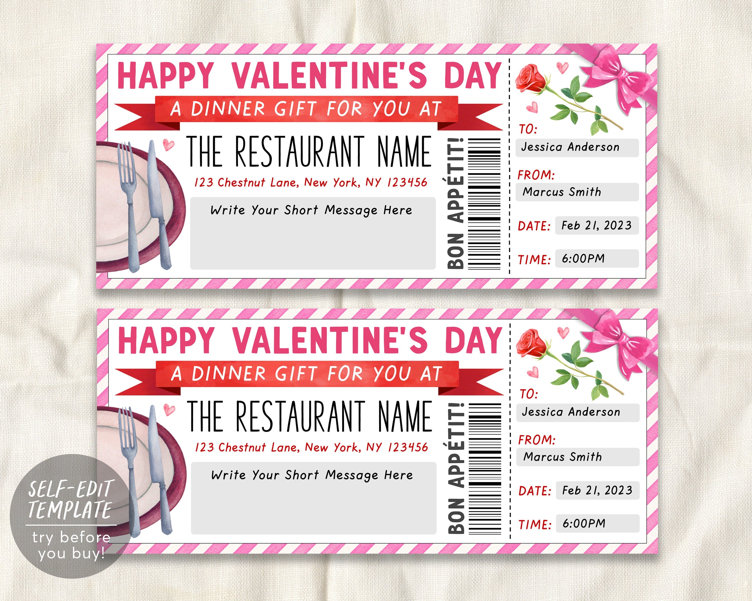 Valentines Day Restaurant Gift Voucher Editable Template, Surprise ...