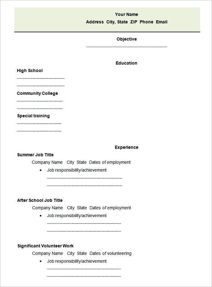 printable resume template for high school students