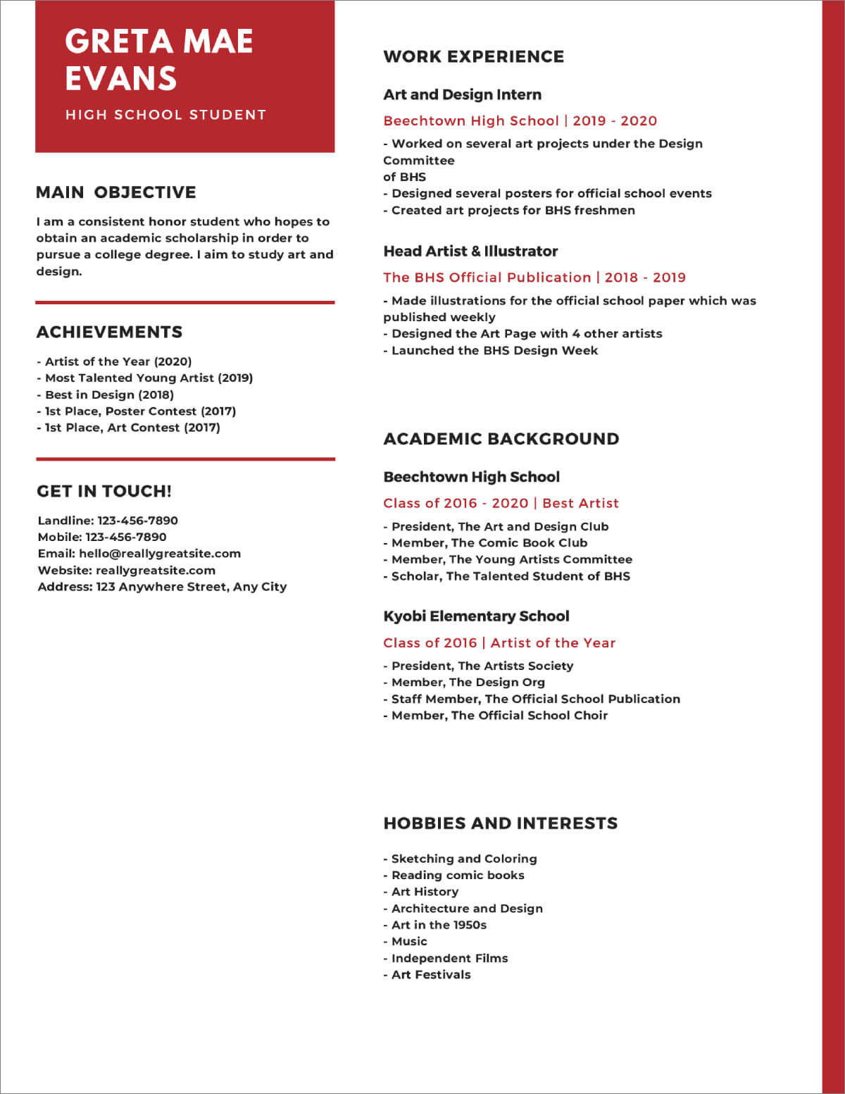 printable resume template for high school students