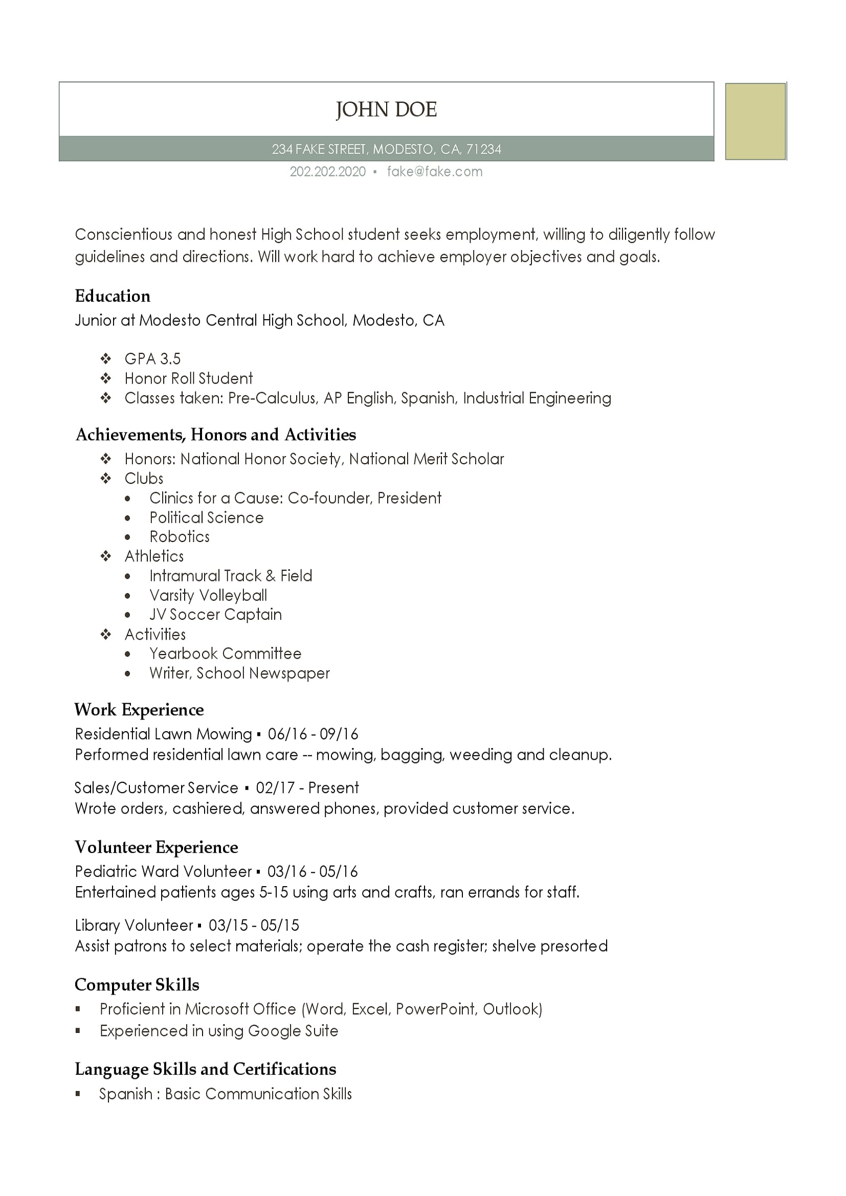 printable resume template for highschool students