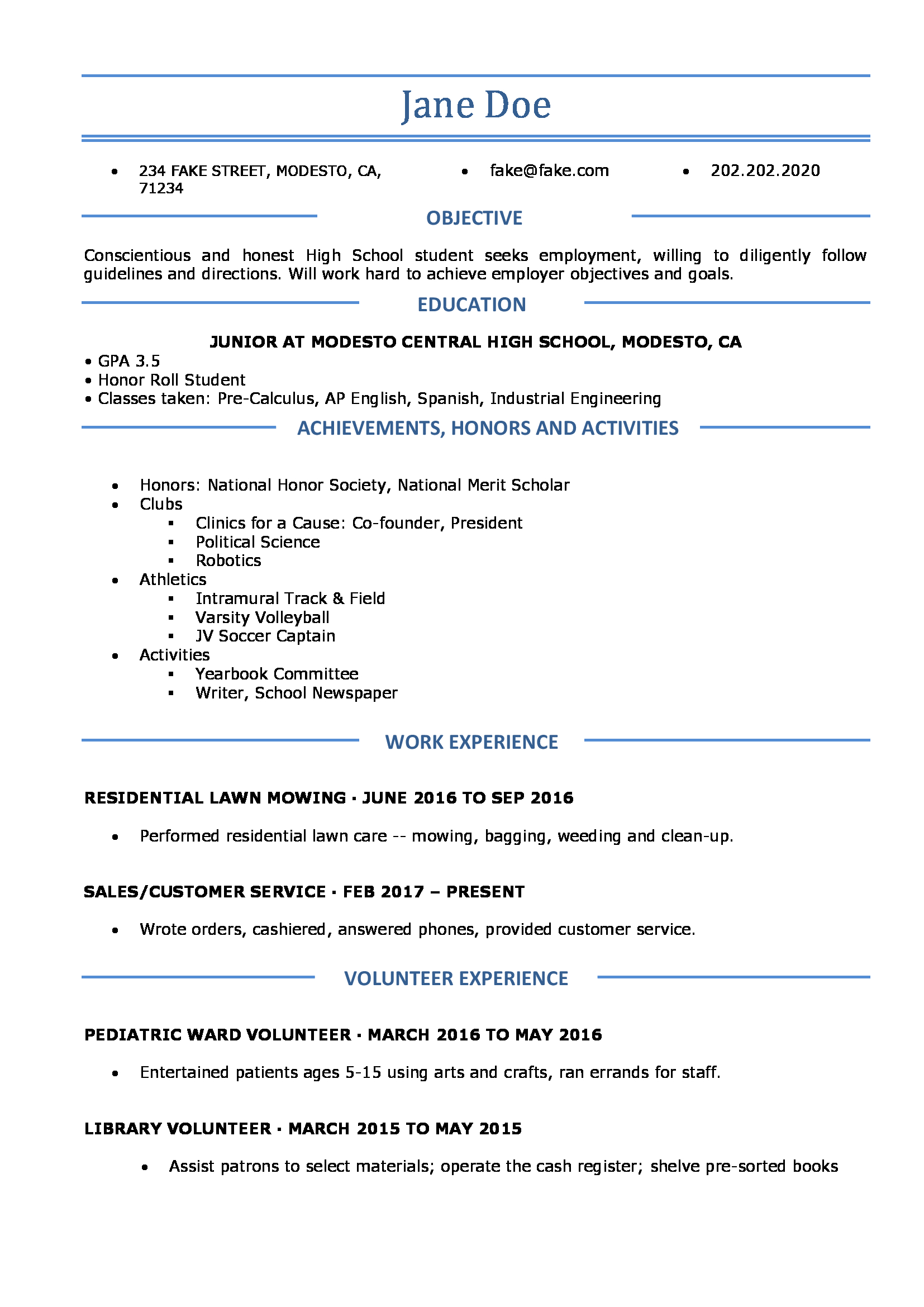 printable resume template for highschool students