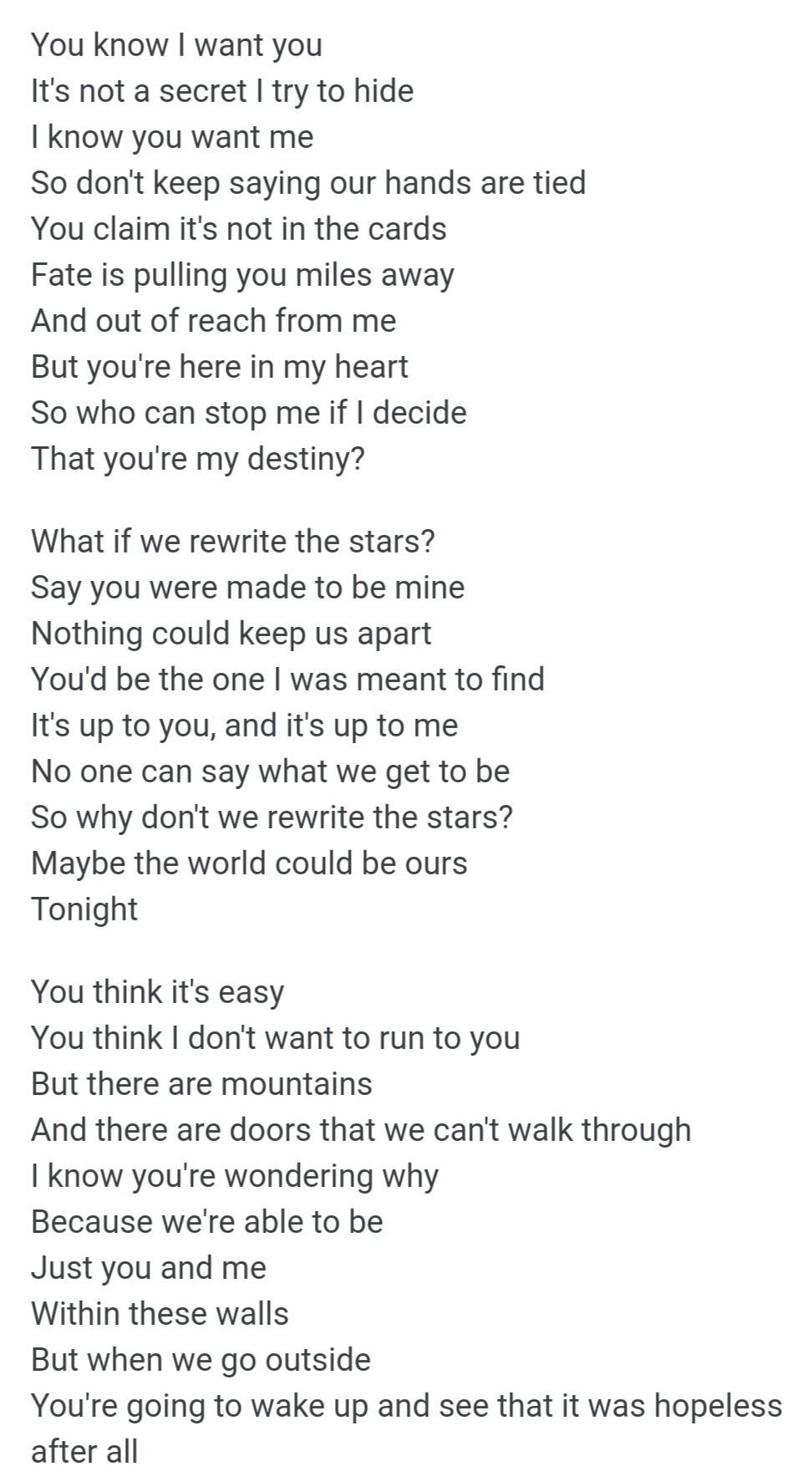 printable rewrite the stars lyrics