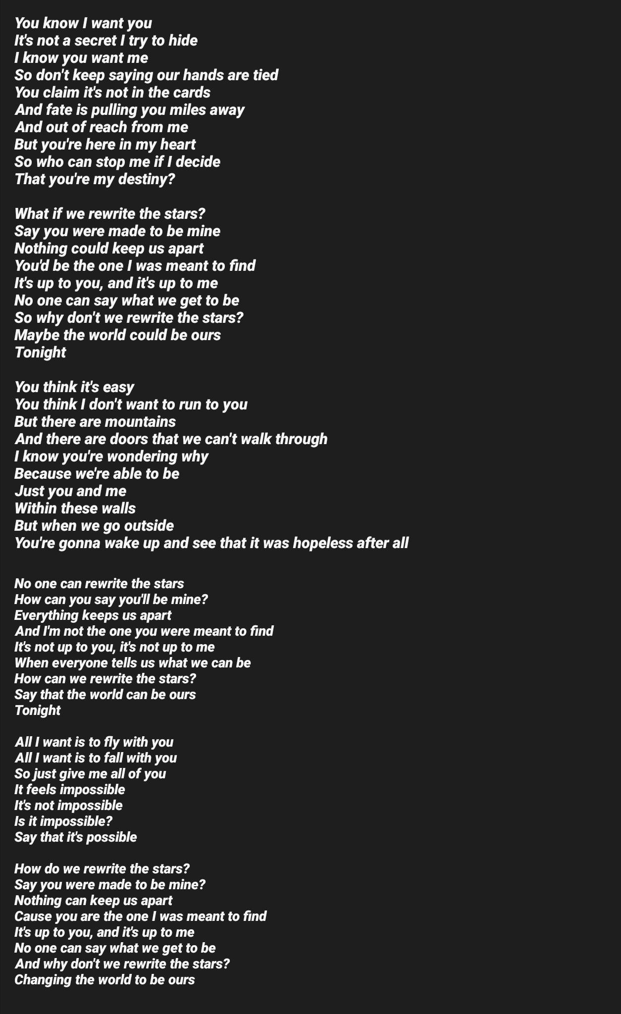 printable rewrite the stars lyrics