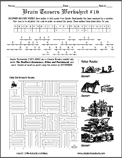 Brain Teasers Worksheet XVI | Student Handouts