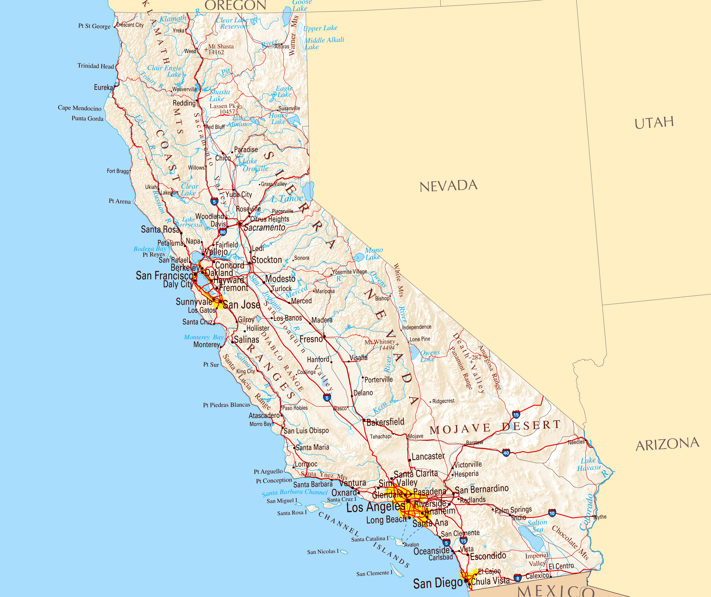 Large road map of California sate with relief and cities Vidiani
