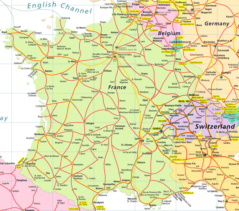 Detailed road map of France and Switzerland. France and ...