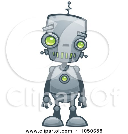 A cute robot, on wheels, with claws, big beautiful eyes. On the ...