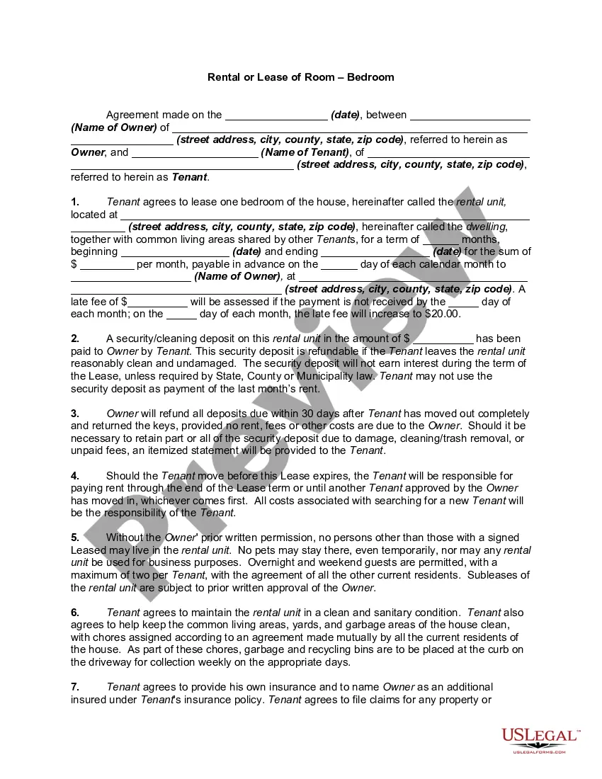 San Diego California Rental Lease Agreement for a Room - Printable ...