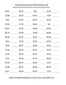 Rounding Decimals to Whole Numbers (B) Worksheet for 3rd - 5th ...