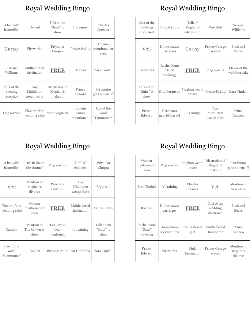 printable royal wedding bingo cards
