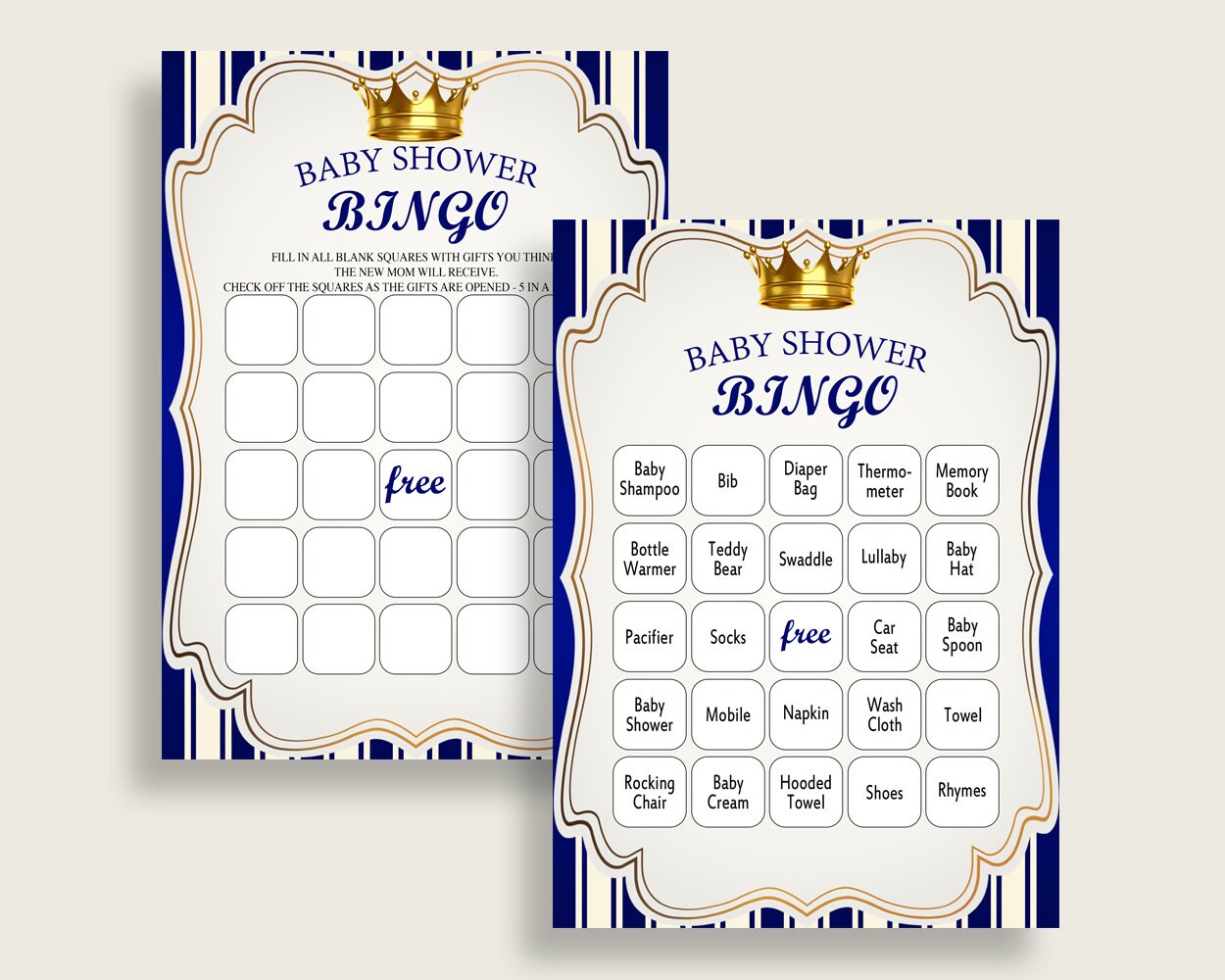 Royal Prince Baby Shower Bingo Cards Printable, Blue Gold Baby ...