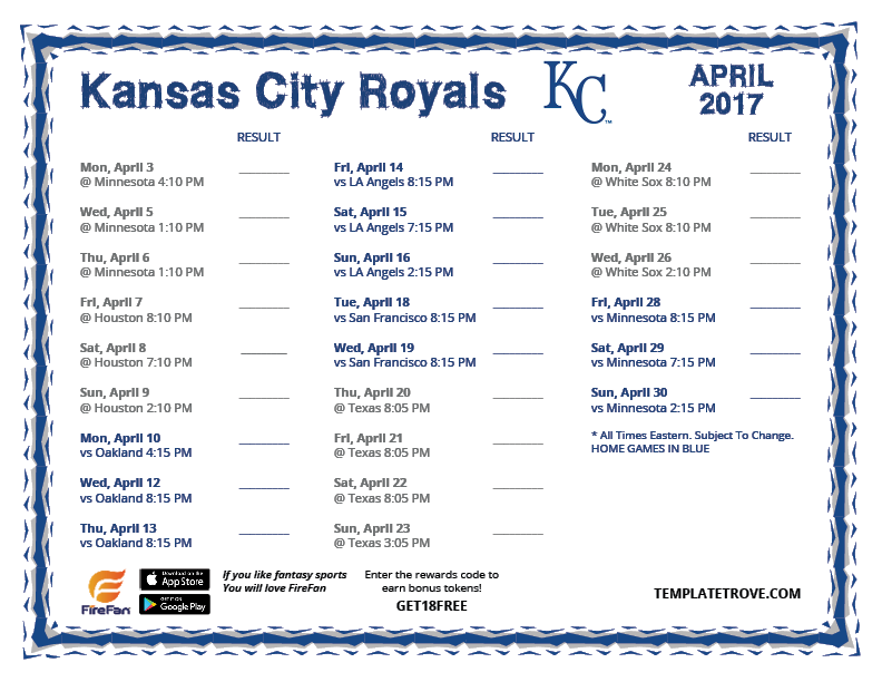 Printable 2017 Kansas City Royals Schedule