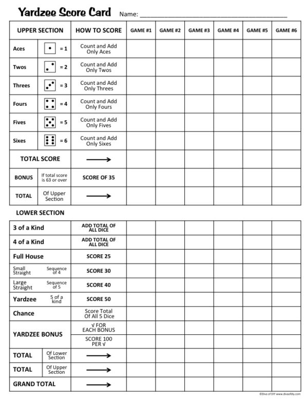 printable rules for yard yahtzee