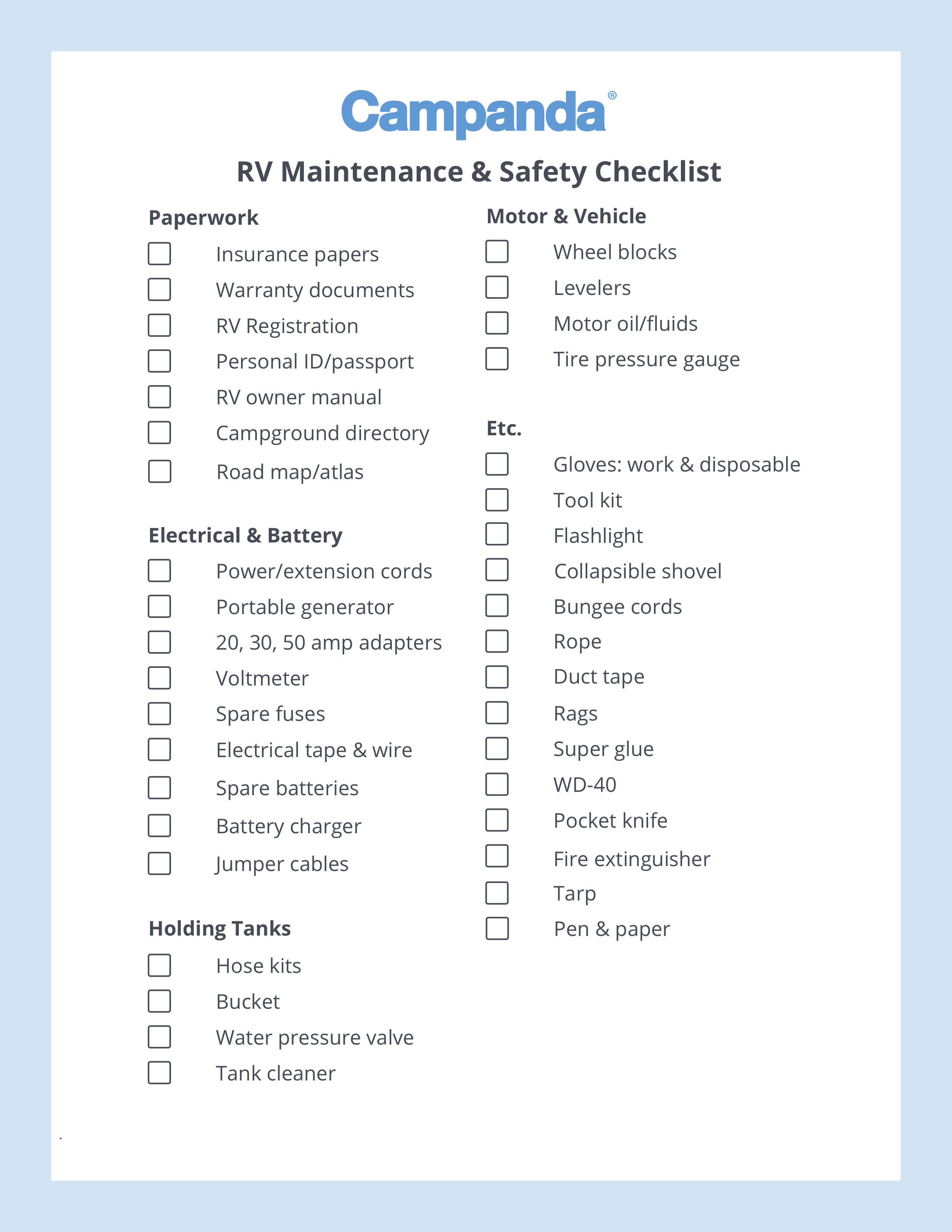 RV Checklists: 6 Printable Packing Lists | Campanda