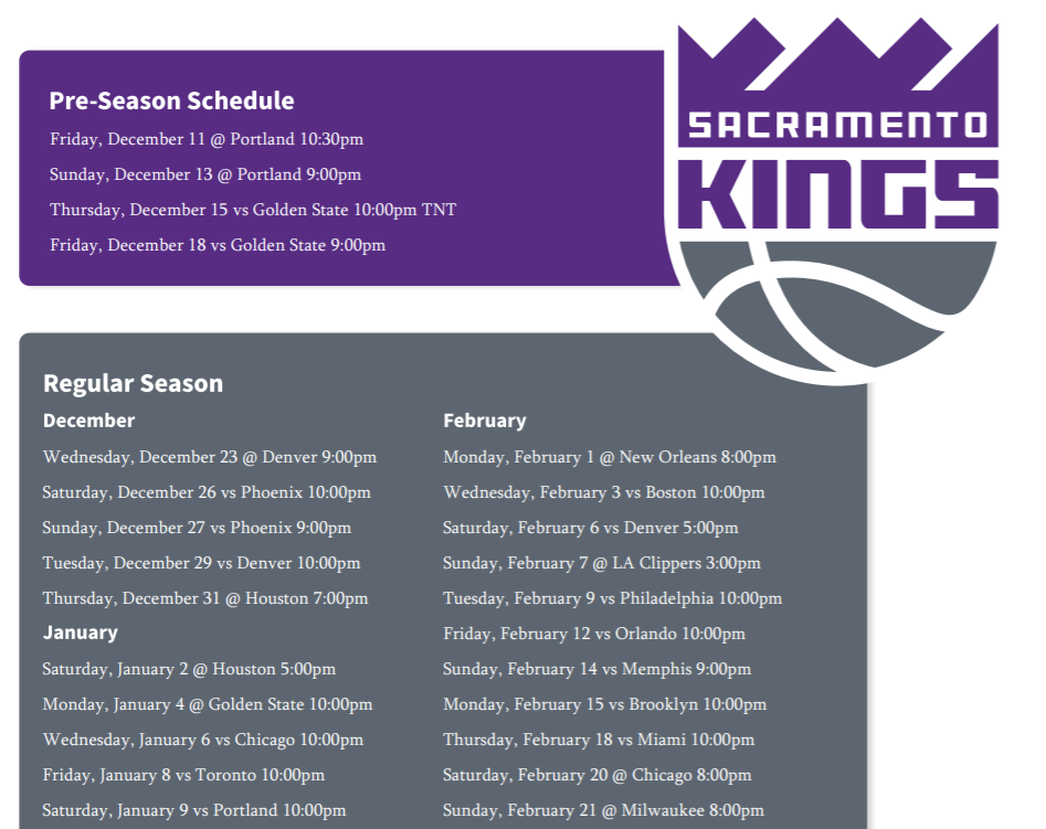 printable sacramento kings schedule
