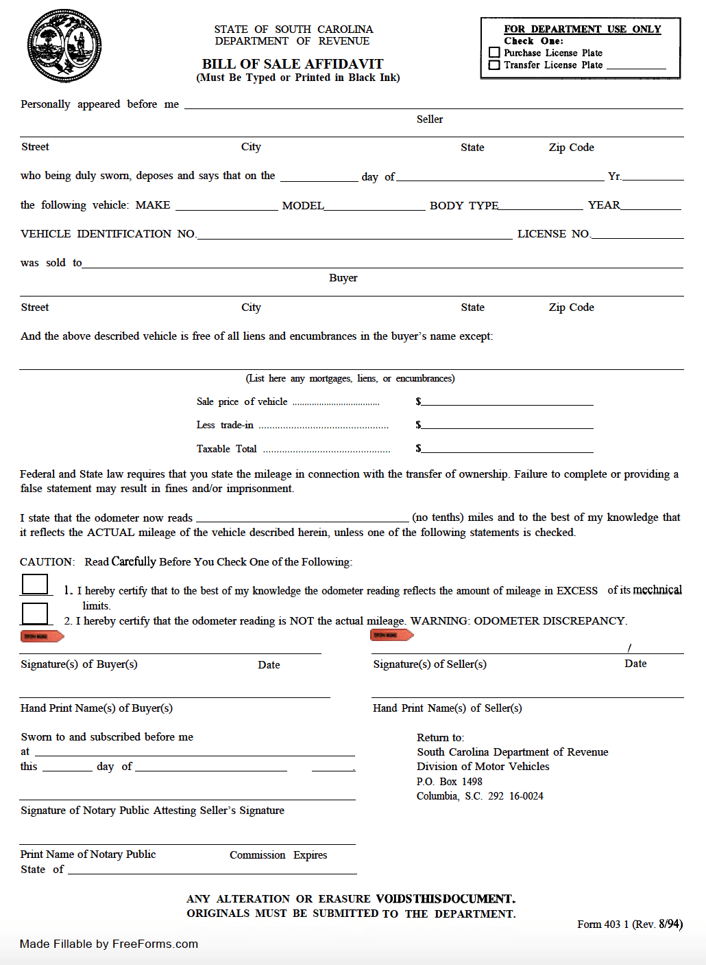 Free South Carolina Motor Vehicle (DMV) Bill of Sale Form | PDF