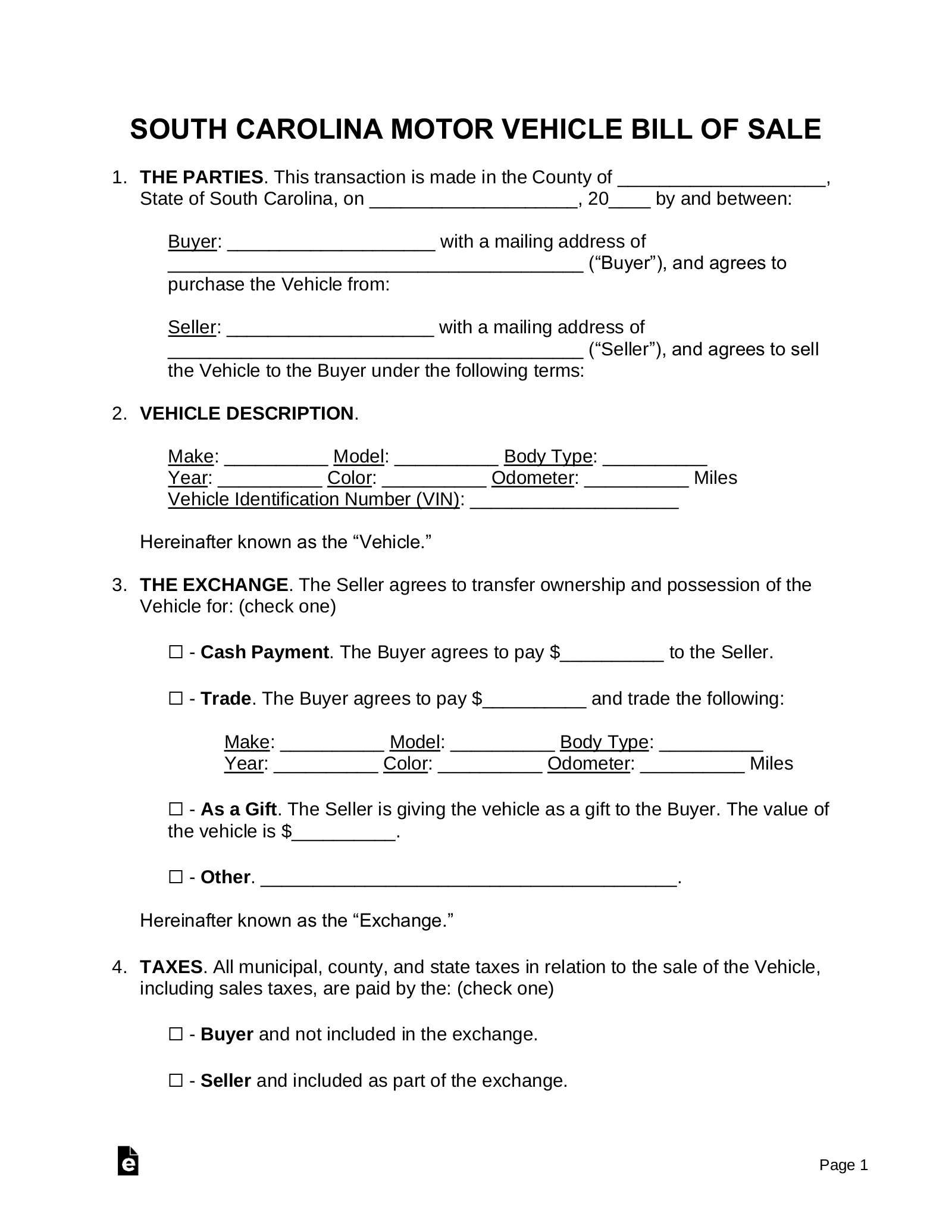printable sc vehicle bill of sale