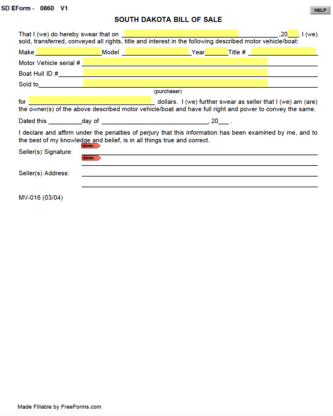 Free South Dakota Bill of Sale Forms | PDF