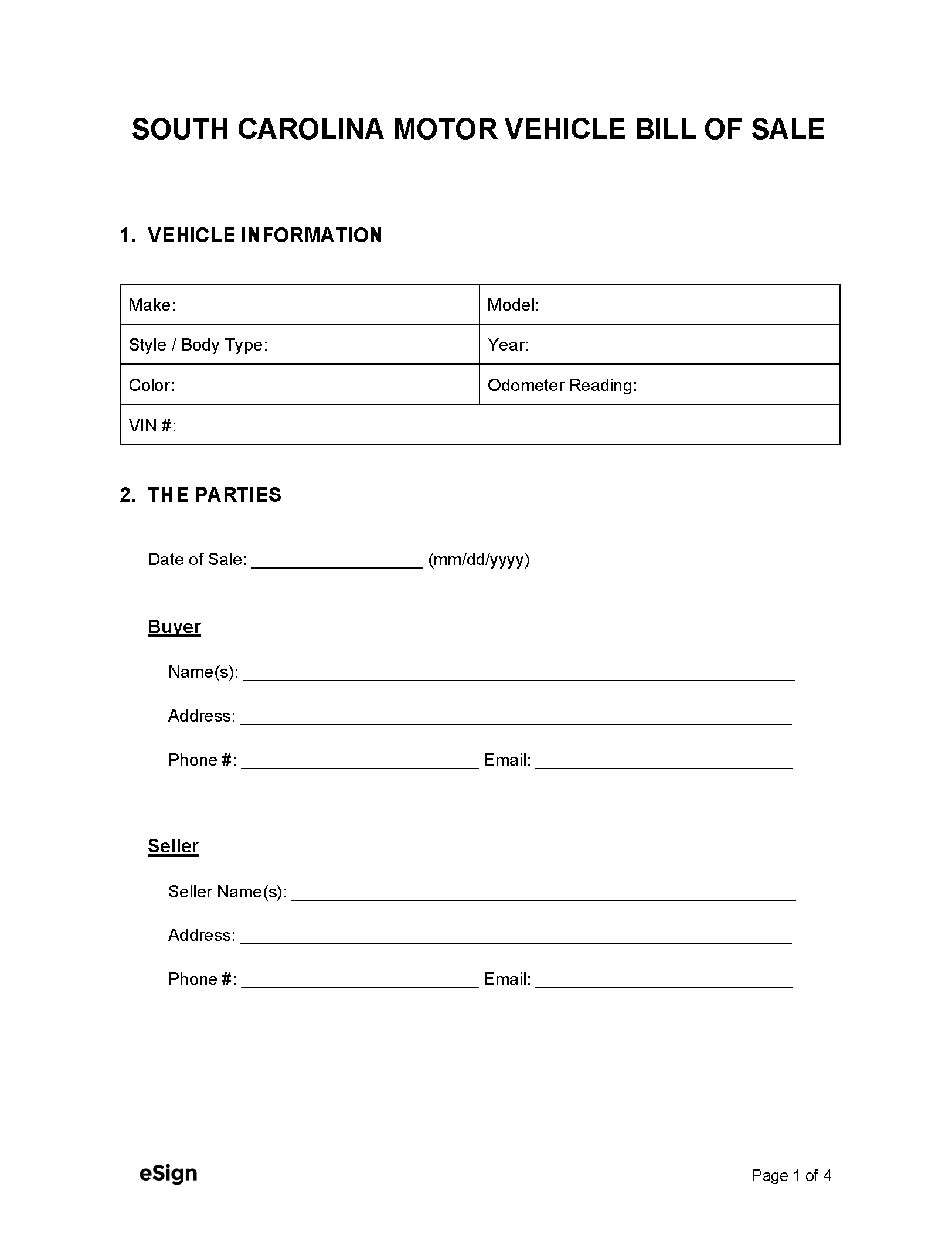 printable sc vehicle bill of sale