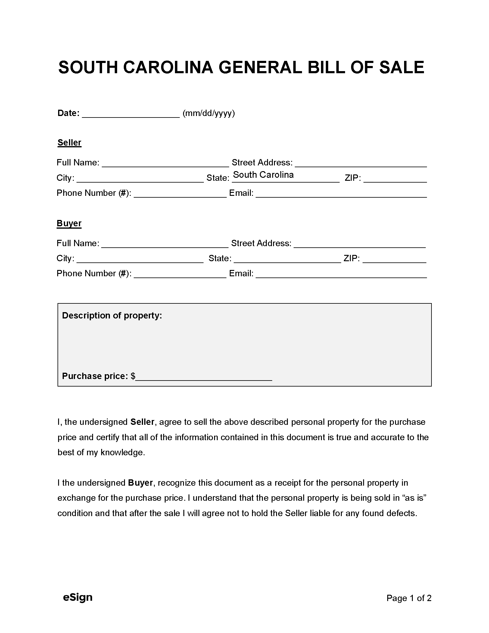 printable sc vehicle bill of sale