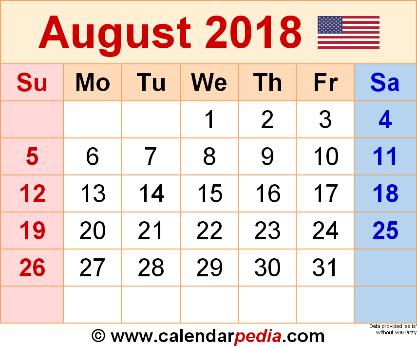 printable schedule august 2018