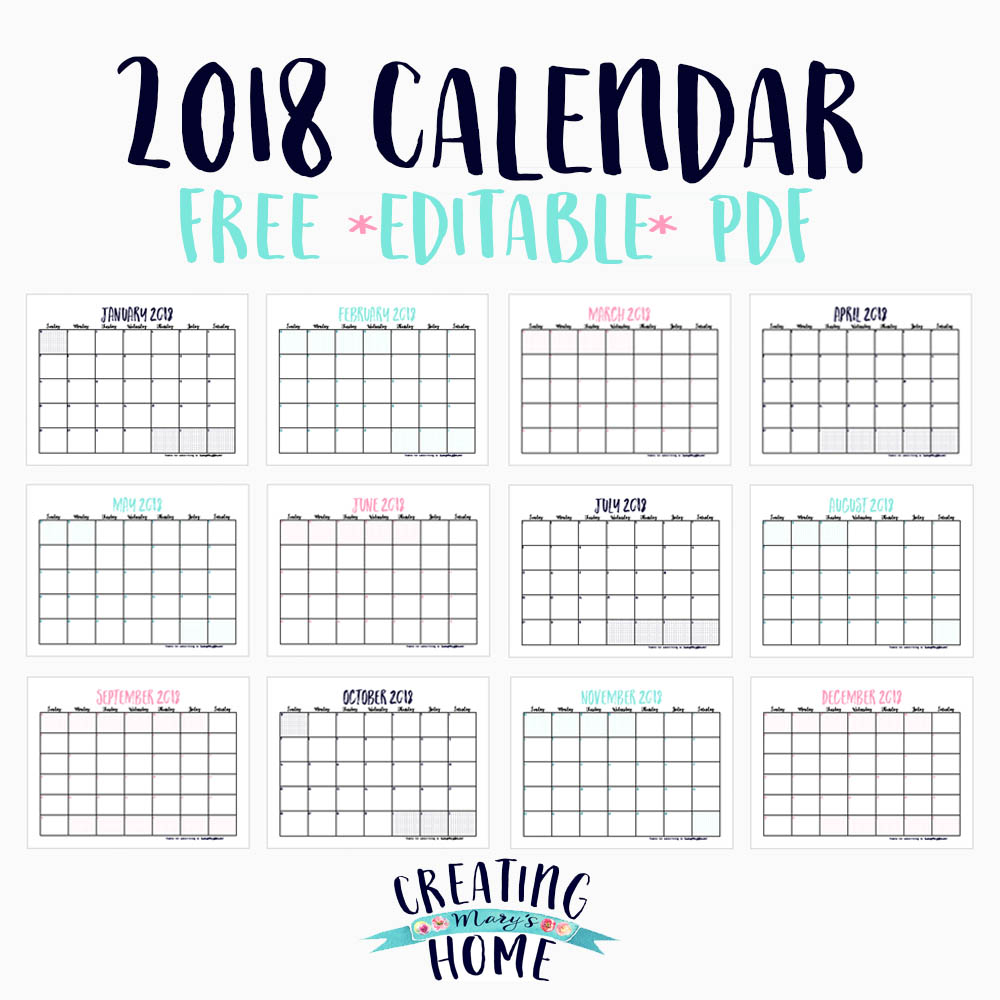 FREE 2018 Calendar (*Editable PDF*) - creatingmaryshome.com