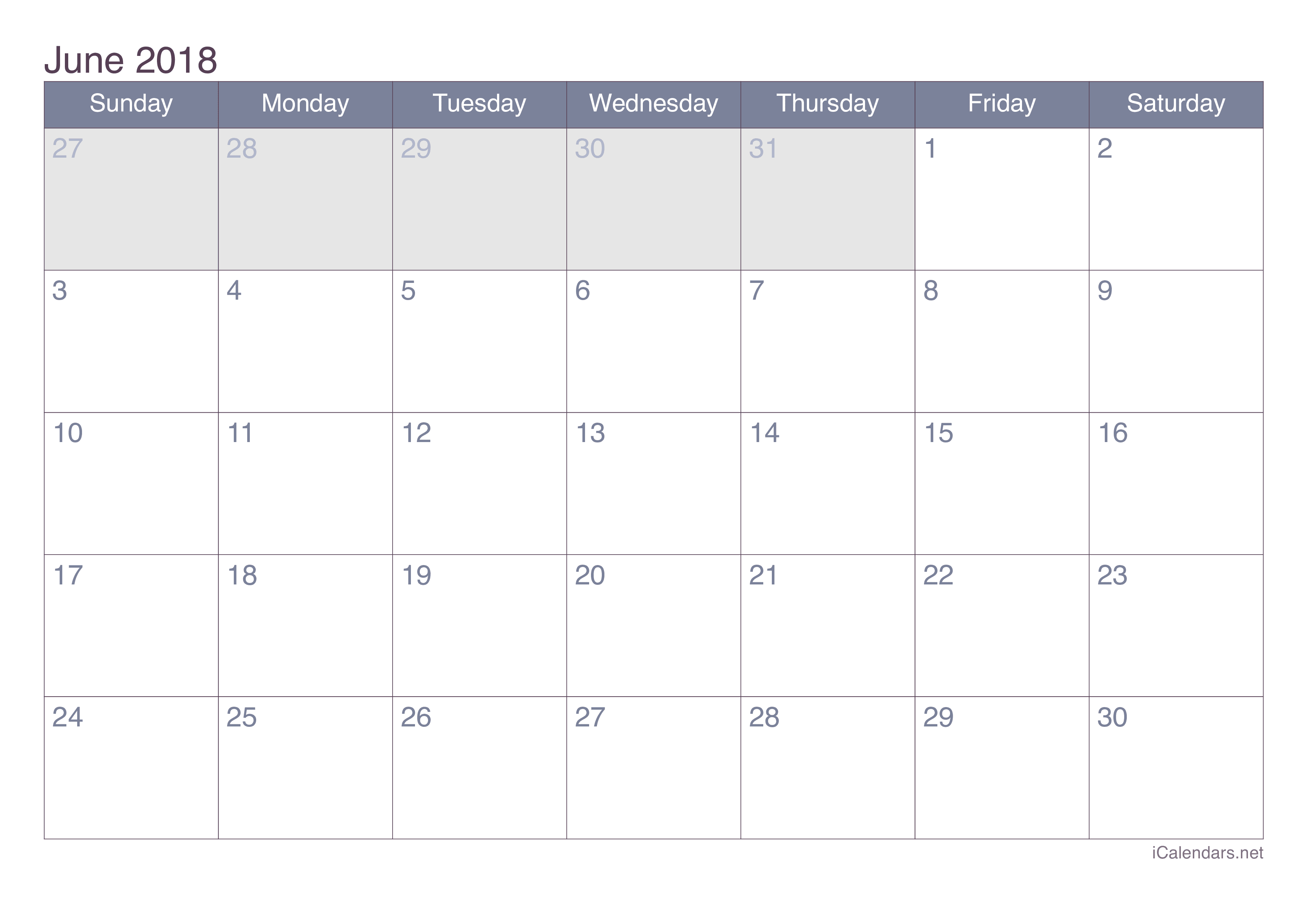 June 2018 Printable Calendar