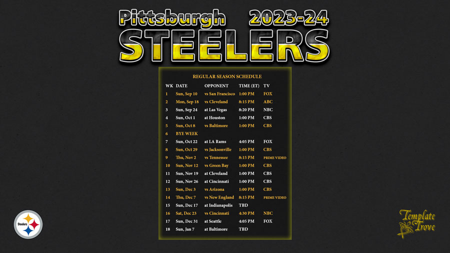 printable schedule for pittsburgh steelers