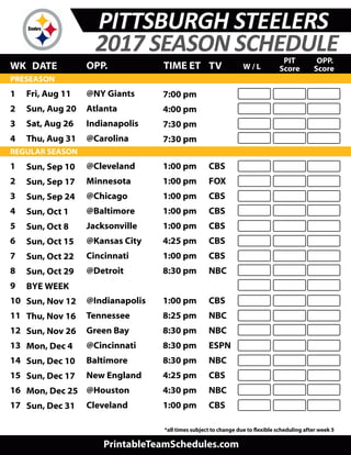 printable schedule for pittsburgh steelers