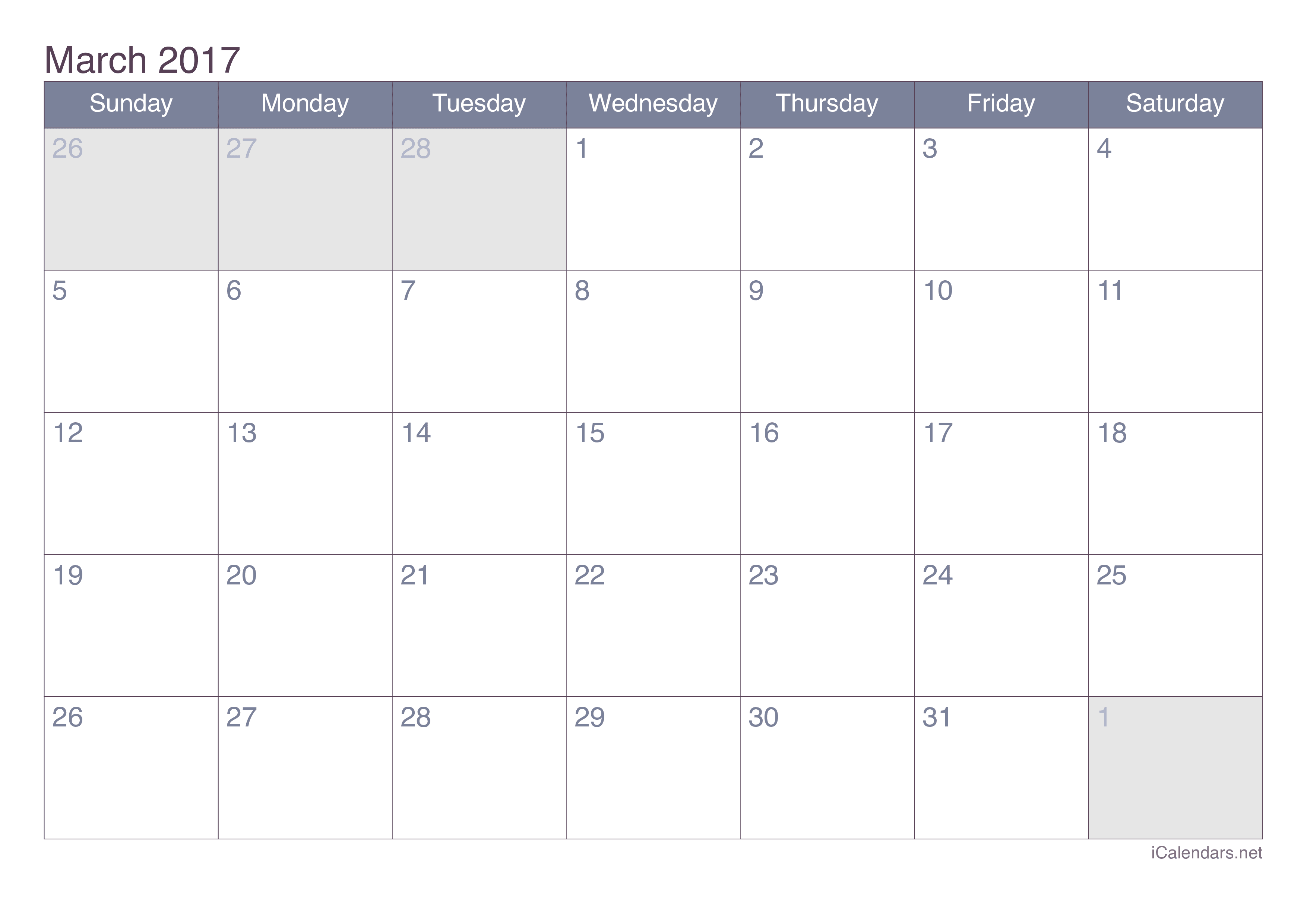 March 2017 Printable Calendar