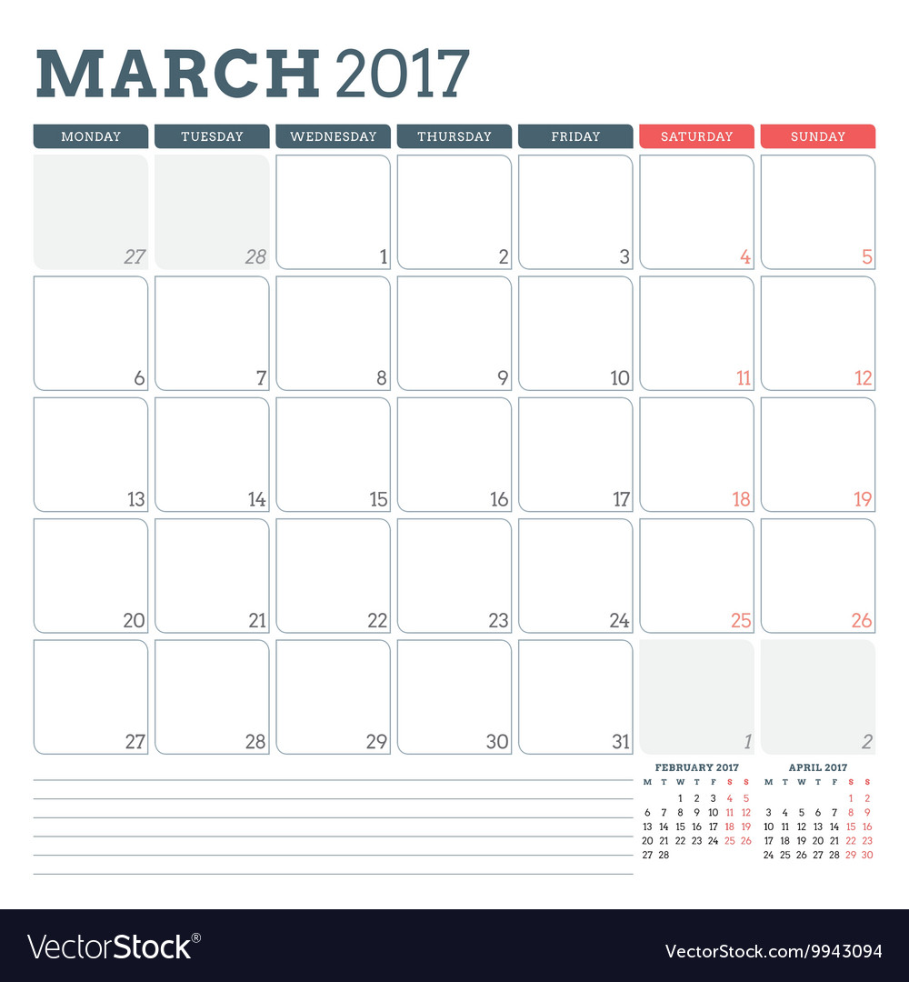 Calendar planner template for march 2017 week Vector Image