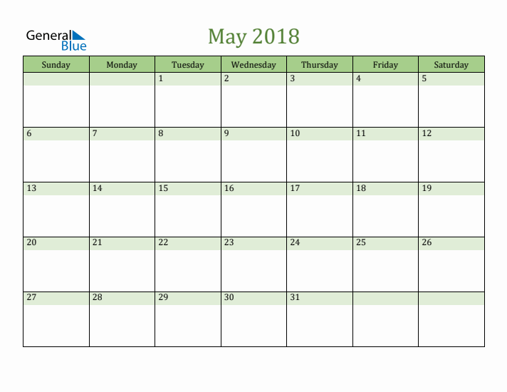 May 2018 Monthly Calendar (PDF, Word, Excel)
