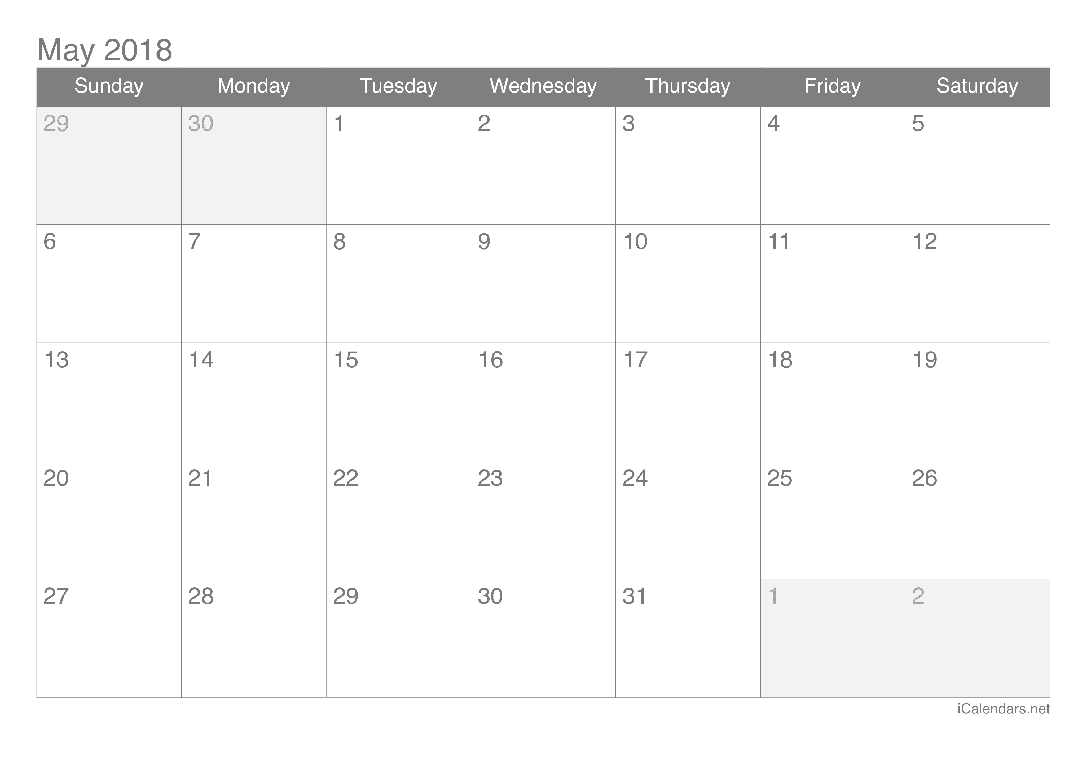 May 2018 Printable Calendar
