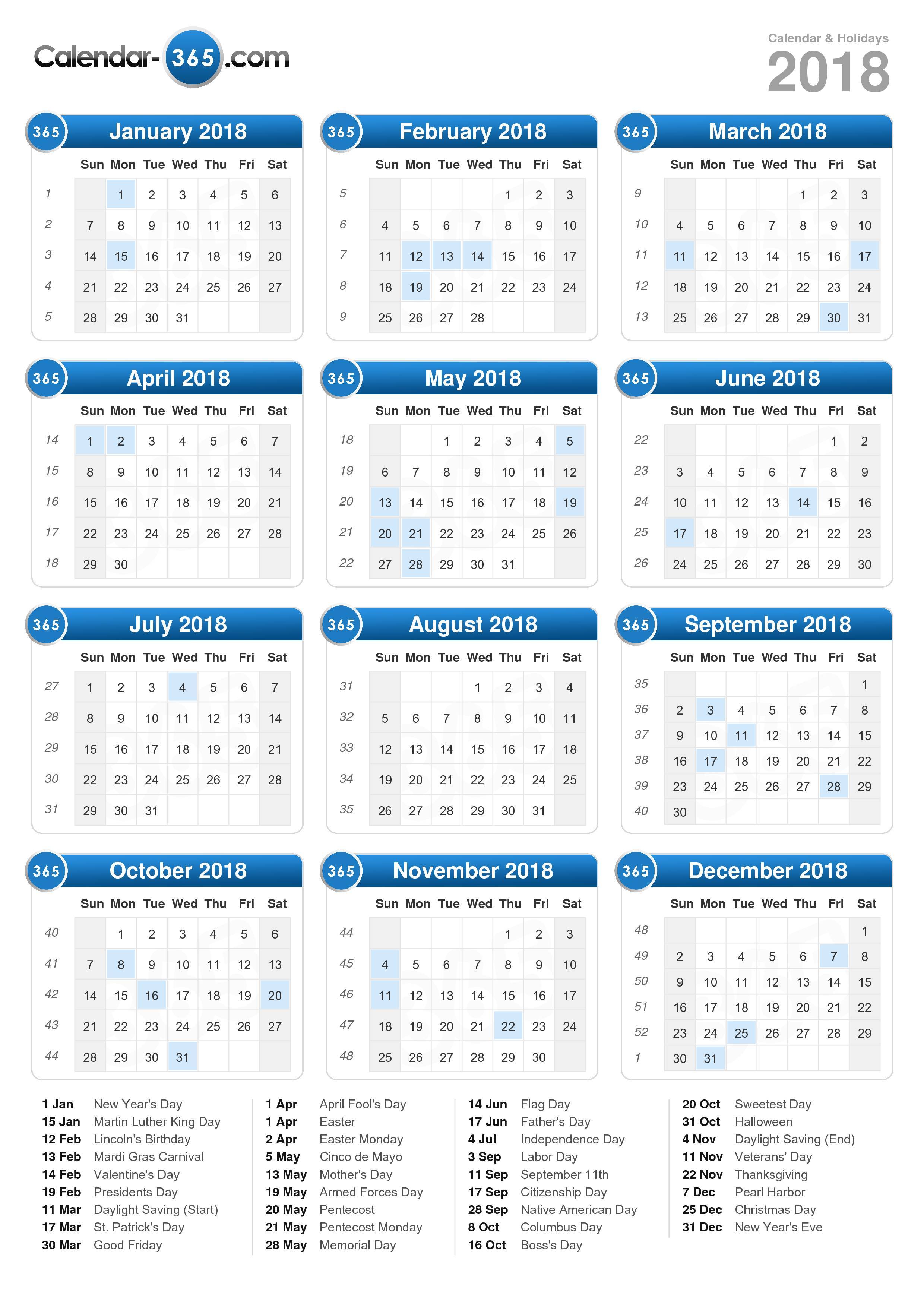 2018 Calendar