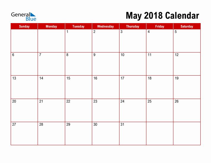 May 2018 Monthly Calendar (PDF, Word, Excel)