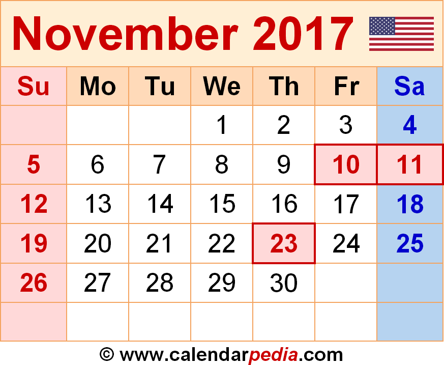November 2017 Calendar | Templates for Word, Excel and PDF