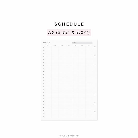 Buy Weekly 24 Hour Schedule Printable A5 Planner Inserts, Class ...