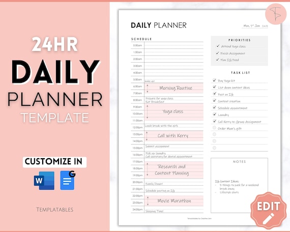 EDITABLE 24 Hour Daily Planner Template, Hourly Planner, to Do ...