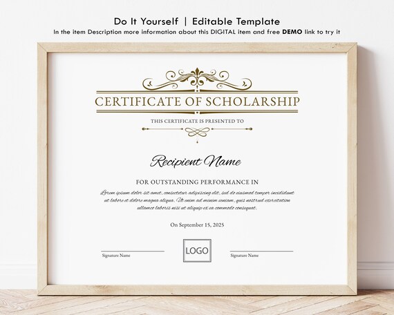 Printable Certificate of Scholarship, Logo EDITABLE Scholarship ...