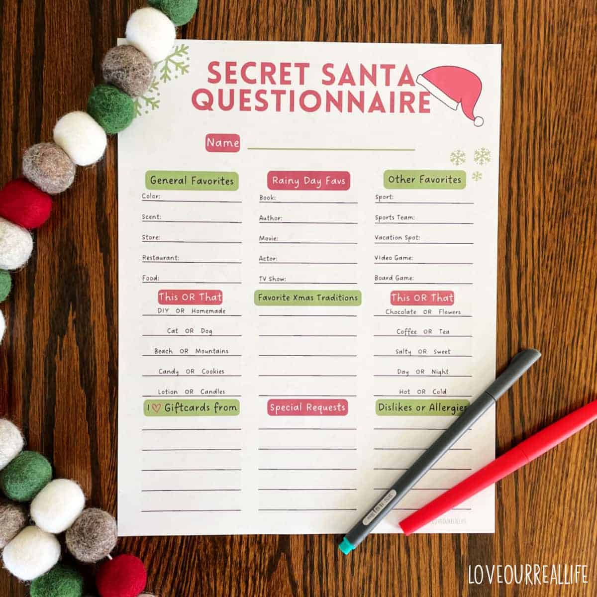 Secret Santa Questionnaire Secret Santa Form Christmas 