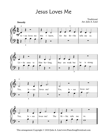 Jesus Loves Me: free Level1 easy piano hymn sheet music with lyrics